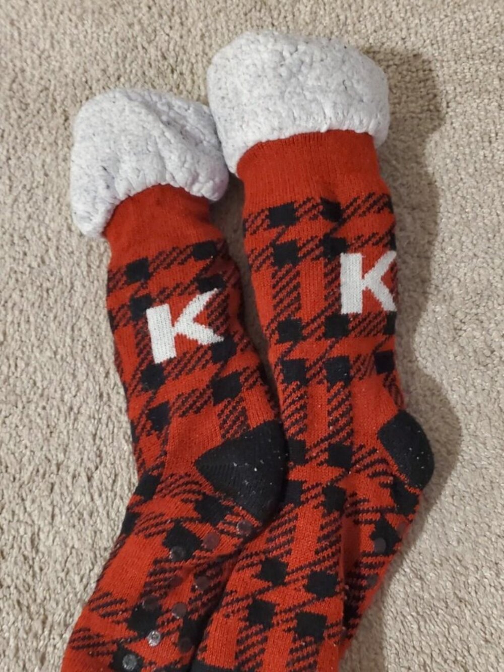 Red Black Houndstooth Sherpa Lined Slipper Socks Monogram Initial K Grippers